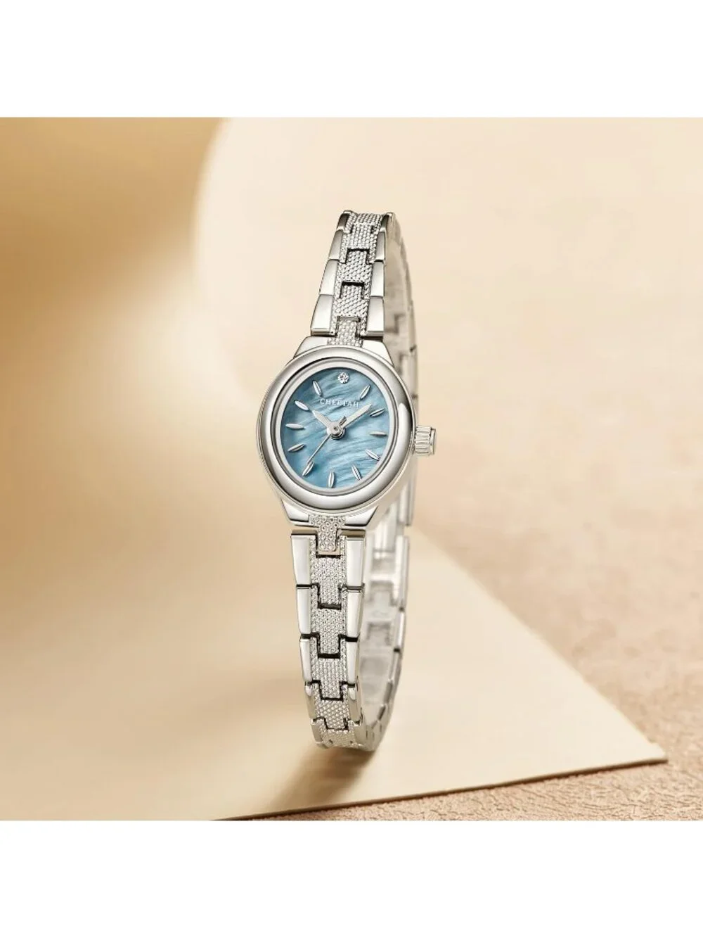Women's Silver Blue Classic Retro Bracelet Oval Case and Minimalist Dial Watch